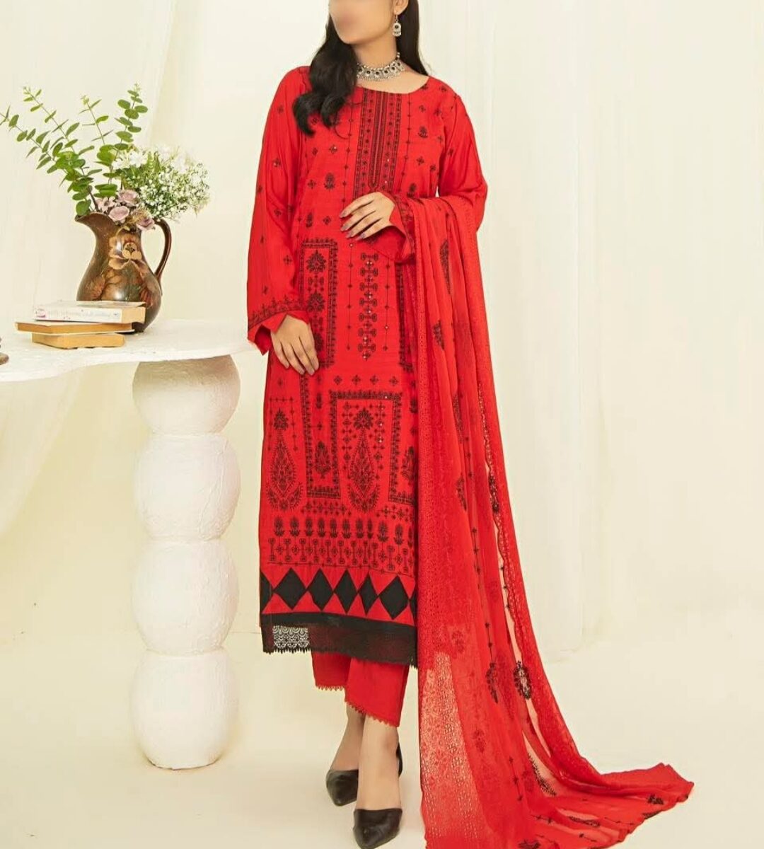 Embroidered Viscose by Laiba | Red